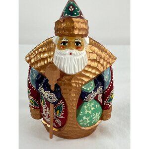 Russian Hand-Carved Wooden Santa Figurine With Staff Hand Painted Signed